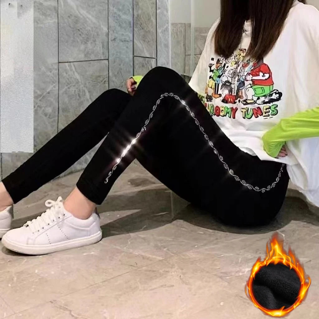 New Autumn Winter High Waist Stretch Thicken Velvet Women Leggings Blingbling Hot Drilling Ankle-length Bottoming Pants Black