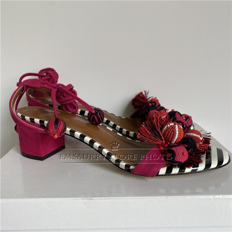 Wool Knitting Ball Tassels Sandals Women Ankle Wrap Striped Color Fringed Pompoms Stiletto Heel Suede Party Shoes Woman