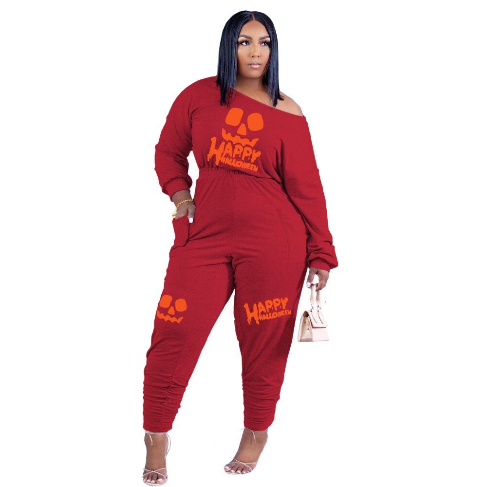 HLJ&amp;GG Casual Women Letter Print Jumpsuits Fall Winter Off Shoulder with Pocket One Piece Playsuits Female Clothing Dropshipping