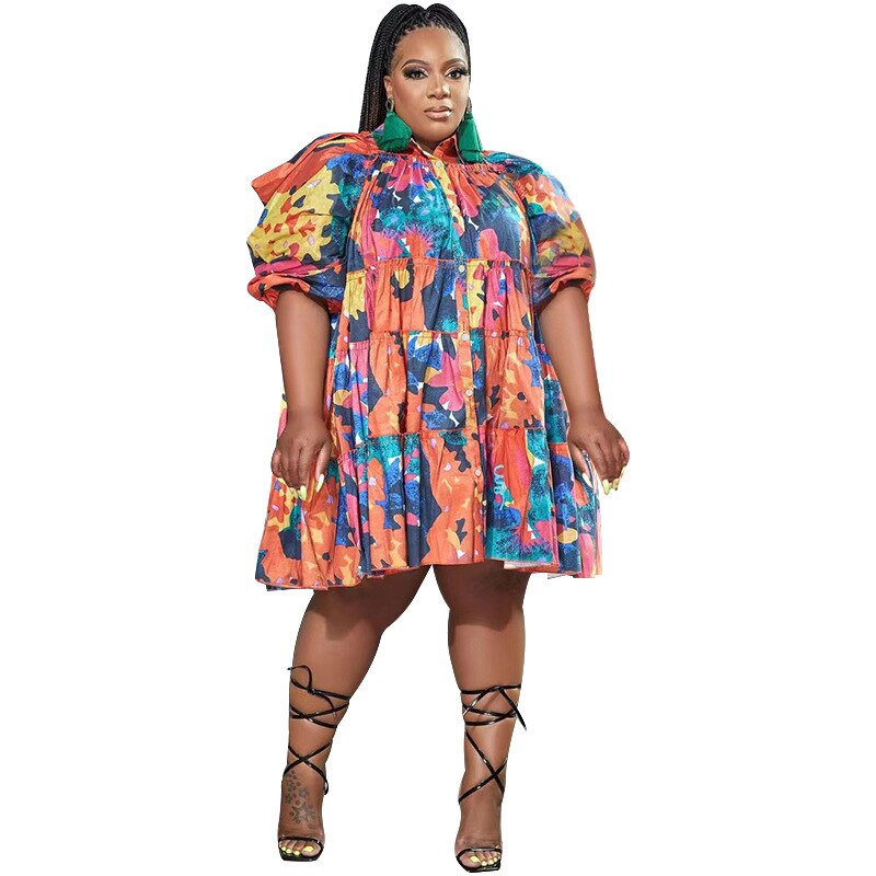 CM.YAYA Elegant Women Graffiti Cape Stye Big Swing Loose Smock Dress Plus Size Curve Chic Single Breasted Shirt Blouse Dresses