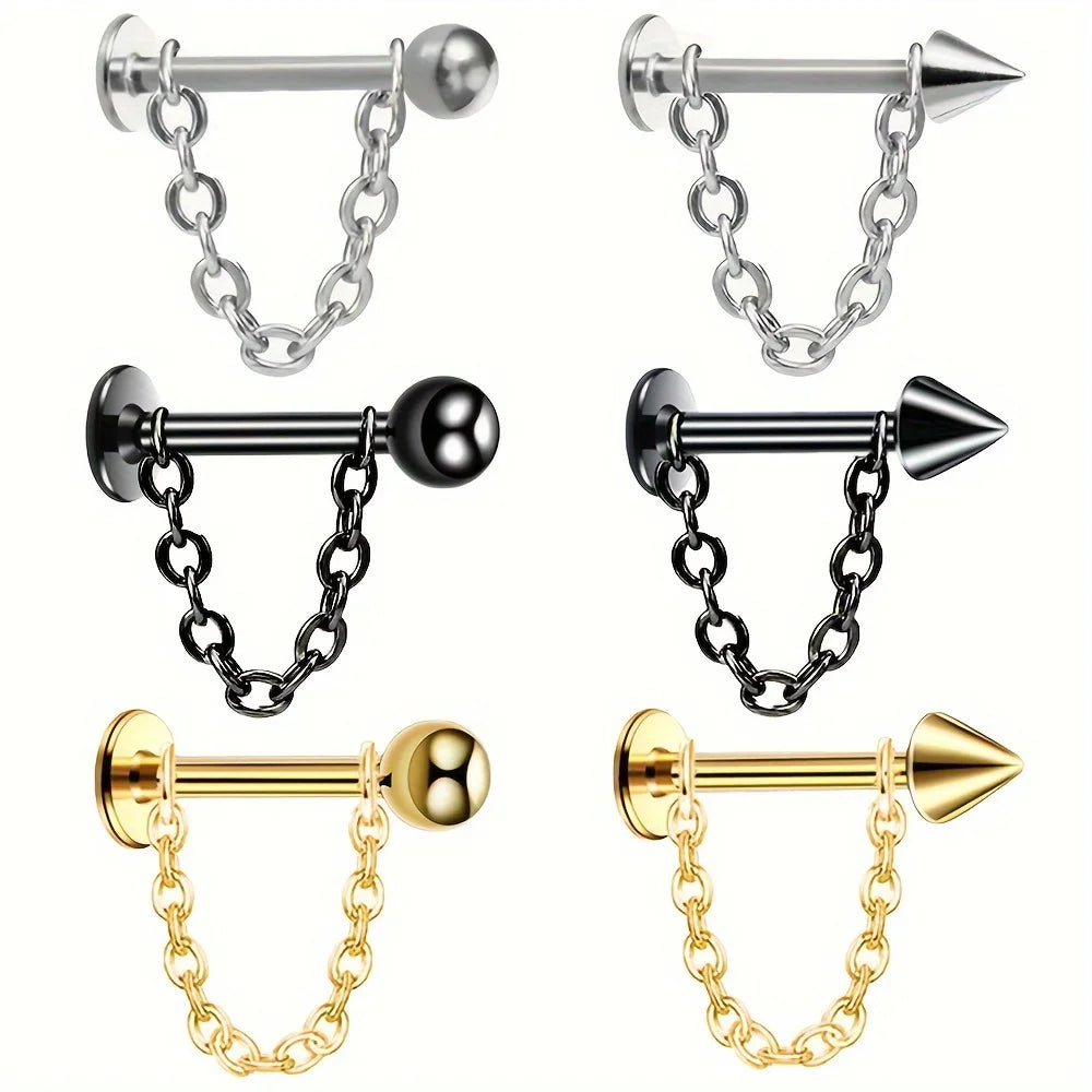 6pcs Punk Simple Style Stainless Steel Chain Lip Stud Detachable Cartilage Stud Earrings Body Piercing Jewelry For Men