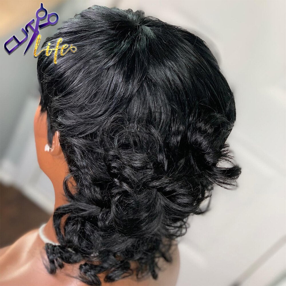 Short Pixie Cut Wig With Bangs Brazilian Remy Loose Wave Human Hair Full Machine Made No Lace Wigs For Black Women Model Length