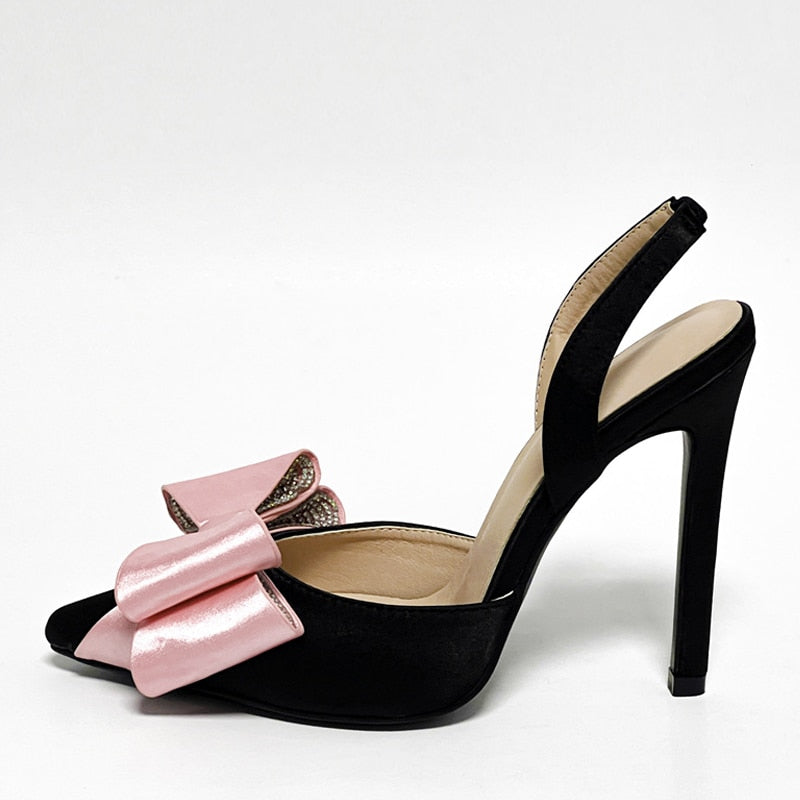 Liyke Elegant Women Party Wedding Banquet Shoes Sexy High Heels Pumps Pink Bowknot Summer Slingback Sandals Pointed Toe Stiletto