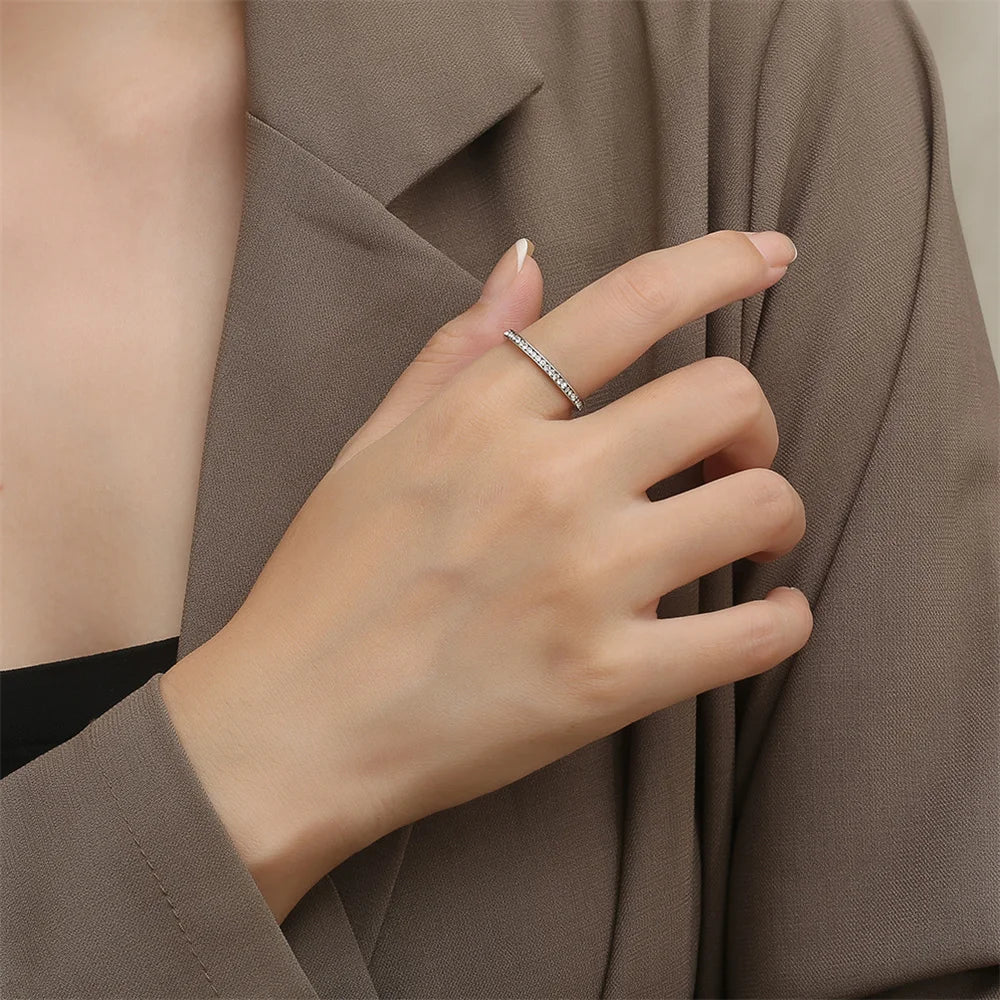 INS 2mm Iced Out Bling CZ Rings For Women Lady Gold Color Stainless Steel Shinny Cubic Zirconia Wedding Ring Elegant Jewelry