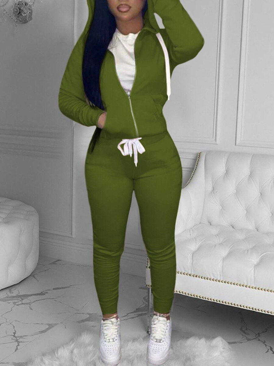 LW Simple Two Piece Set Women Casual Sporty Long Sleeve Zipper Design Top Hooded Collar Broken Heart Print Female Tracksuit Set