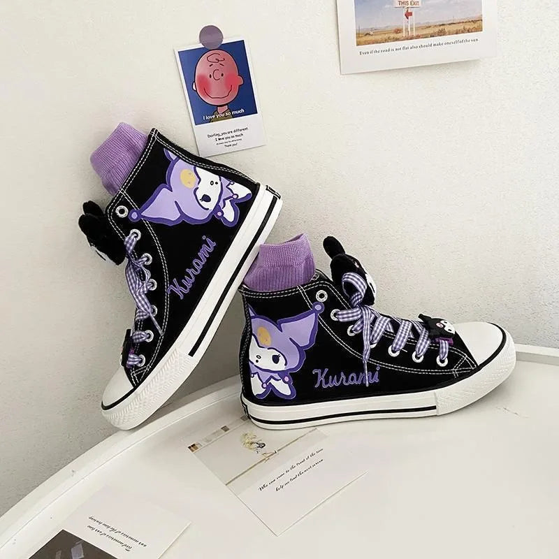 Miniso Anime  Kuromi Children High Top Canvas Shoes Kawaii Cartoon Non-slip Sole Canvas Cartoon Shoes Student Girl Gifts