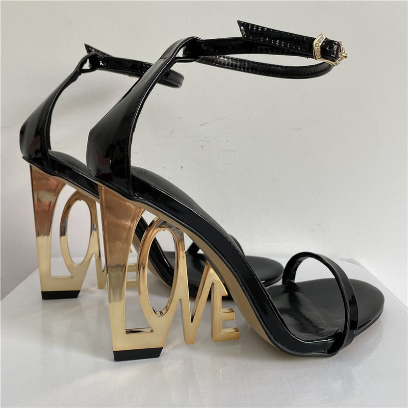 New Design Letter-Love Heel Gladiator Sandals Women Sexy One-strap Strange High Heels Fretwork Heel Summer Party Shoes