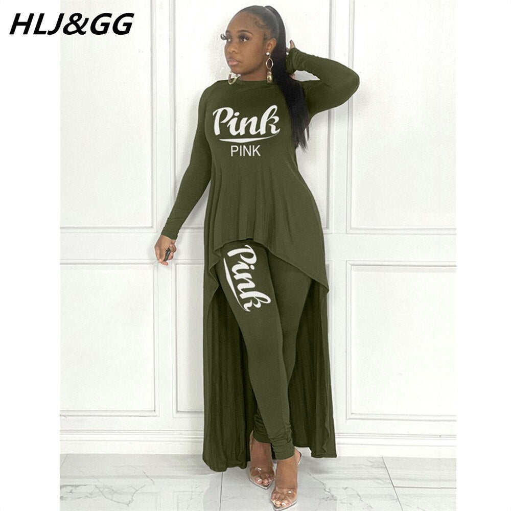 HLJ&amp;GG Fall Winter Casual Irregular Top + Skinny Pants Two Piece Sets Women Outfits Female PINK Letter Print Matching Tracksuits