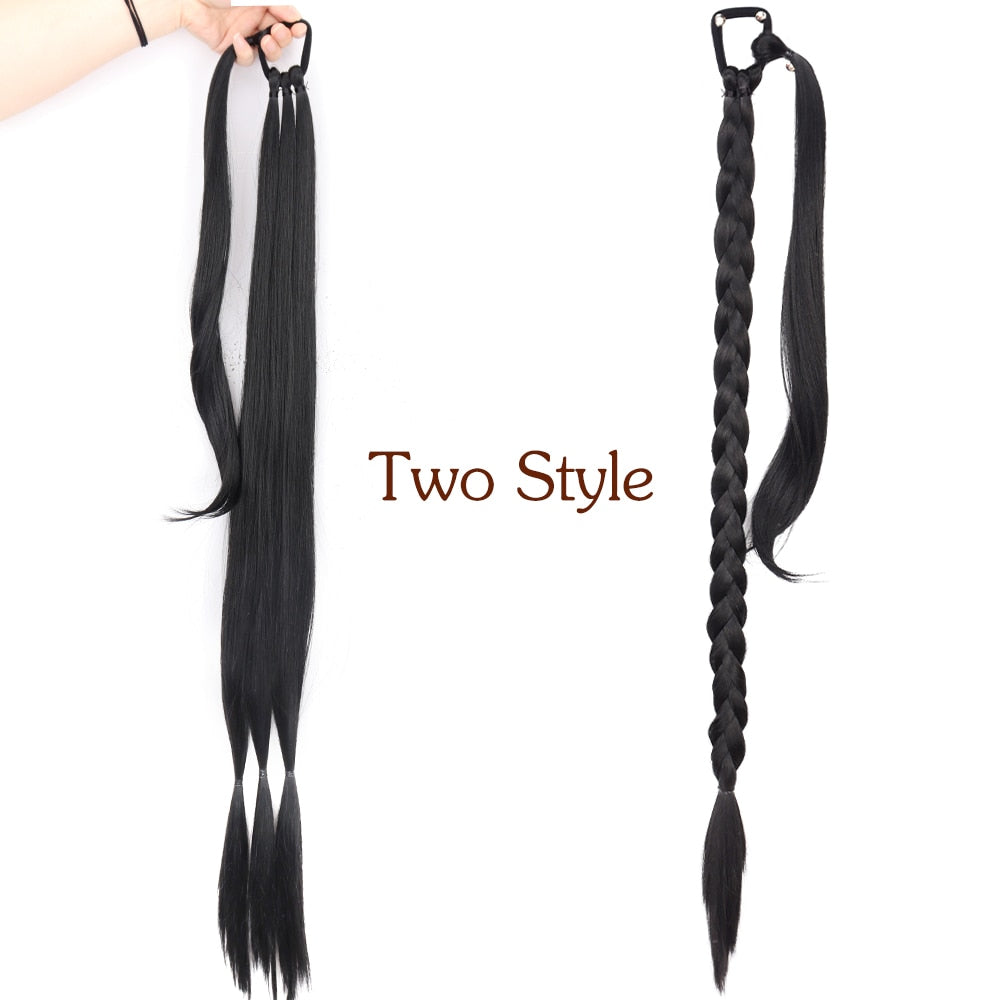 34inches Synthetic Long Braided Ponytail Hair Extensions for Women Black Brown Pony Tail with Hair Rope High Temperature Fiber