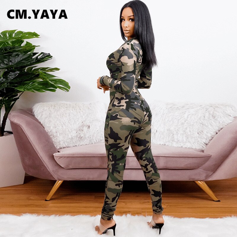 CM.YAYA  Camouflage Jumpsuit for Women Elastic Cut Out Hollow Out Zipper Up One Piece Overall Romper Outfit 2021