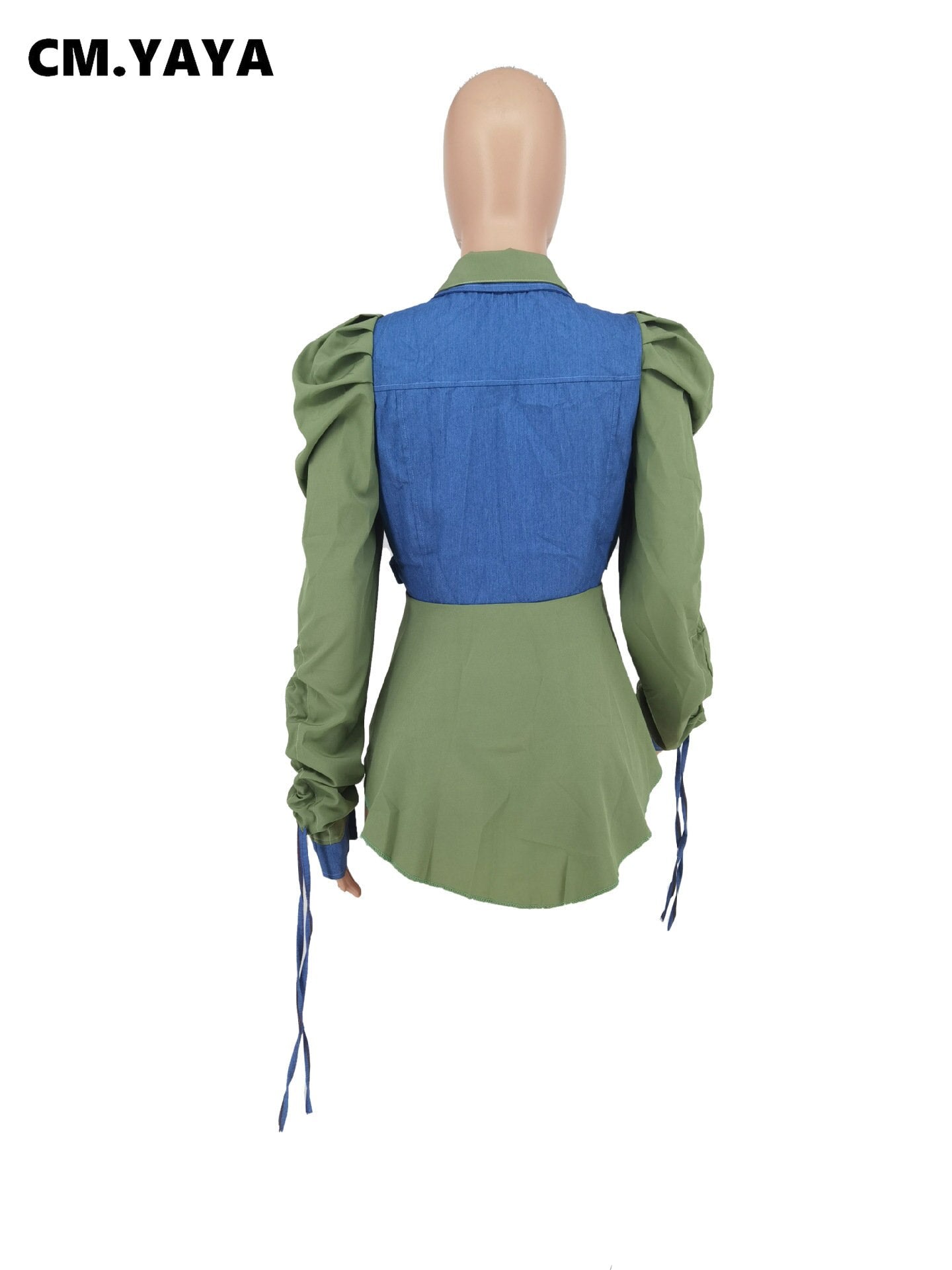 CM.YAYA Vintage Women Drawstring Ruched Up Puff Long Sleeve Single Breasted Turn-down Collar Denim Shirt Blouse Coat