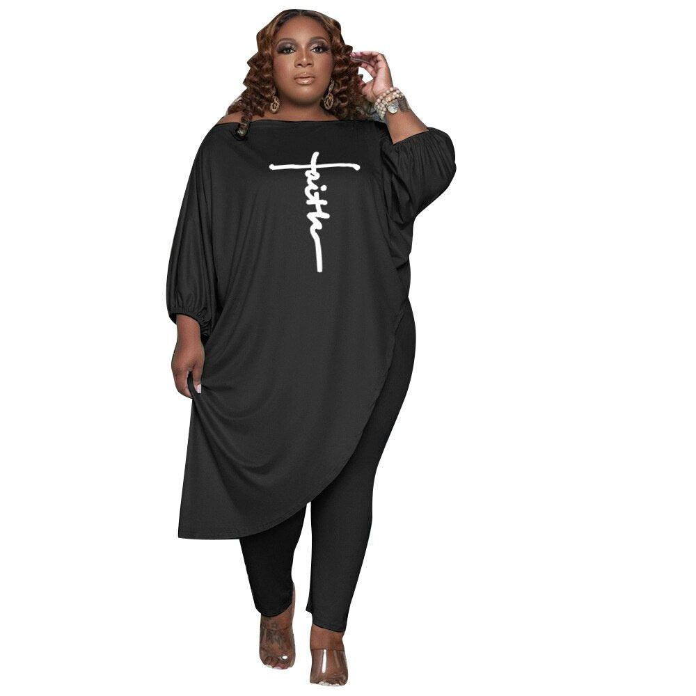 Elegant Plus Size Women's Clothing 4xl 5xl Loose Solid Color Slanted Shoulder Embroidery Tops Sexy Two Piece Sets Wholesale