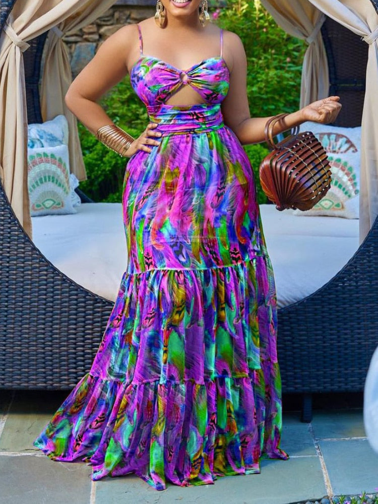 Elegant Sling Plus Size Dress Sexy Printing Fashion Backless Boho Beach Mixi Dress Robe Femme Ete Leisure Vacation Vestidos