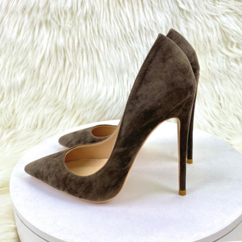 Heelgoo Coffee Brown Women Flock Syntheic Suede Pointy Toe Slip On High Heel Shoes Elegant Comfortable Dress Stiletto Pumps