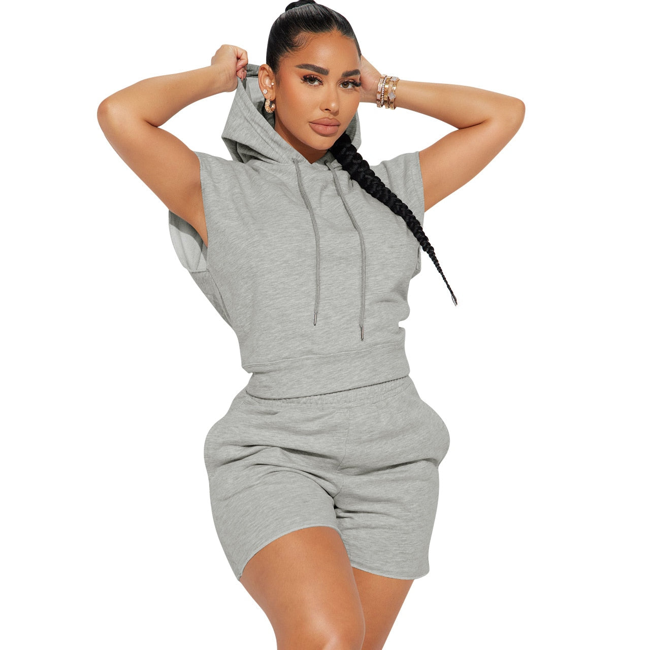 CM.YAYA Fashion Women's Set Hooded Flare Short Sleeve Sweatshirt and Shorts Suit 2023 Active Two 2 Piece Set Outfits Tracksuit