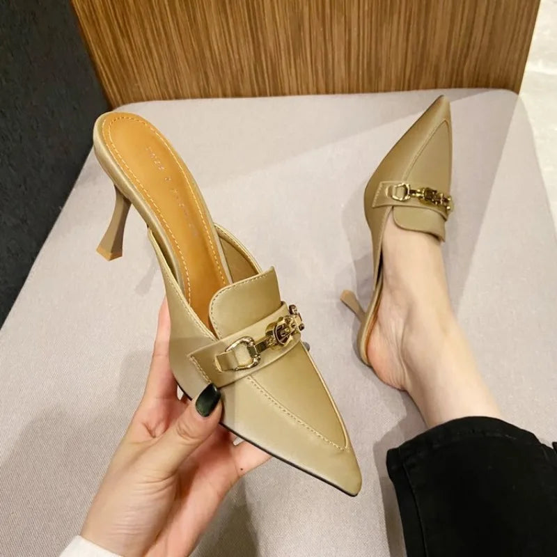 New Snake Print Woman Pumps Slipper Fashion Gold Chain Sandal Shoes Ladies Pointed Toe Slip on Mules Thin Low Heels Slides