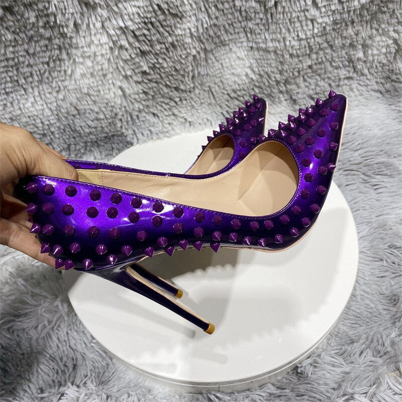 Veowalk Glossy Dark Purple Women Sexy Pointy Toe Stiletto Pumps with Spikes 8cm 10cm 12cm High Heel Party Dress Shoes Customize
