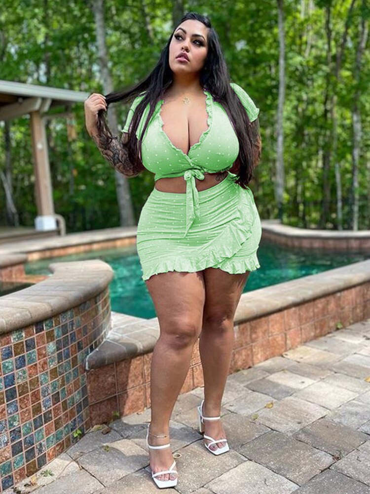 Plus Size 2 Piece Set Women Satin Skirt Set V Neck Crop Top Bodycon Sexy Summer Sweet Outfit Wholesale Bulk Dropshipping