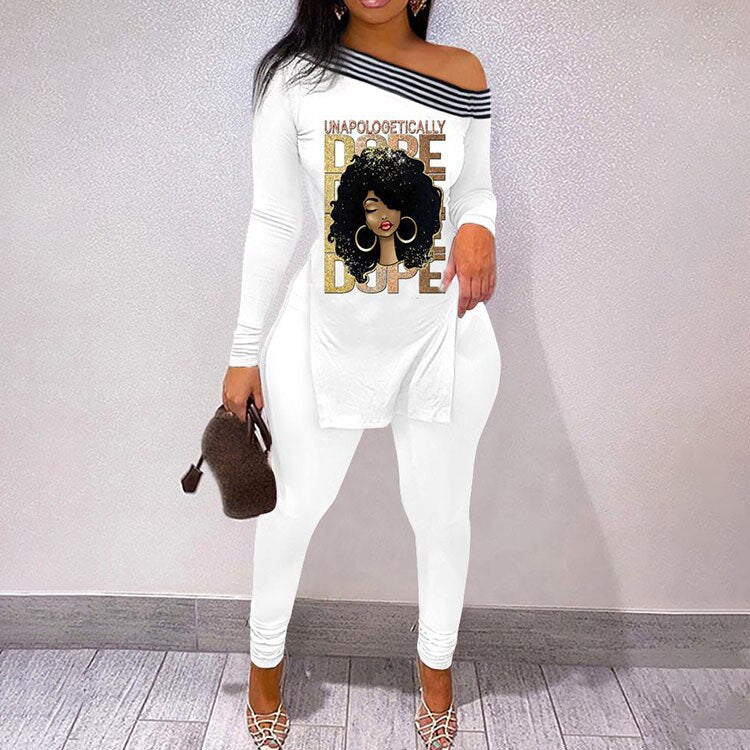 Autumn Fashion Print Two Piece Set Women Sexy Diagonal Neck Off Shoulder Split Tshirt Pencil Pants Two Piece Set Women