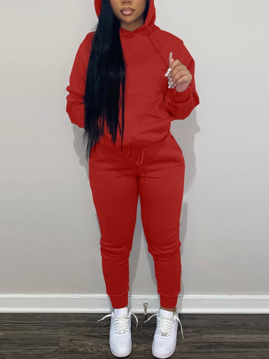 LW BASICS Hooded Collar Drawstring Tracksuit Set Two piece sets womens outifits Long Sleeve Lace-up Hooded Collar women sportswe