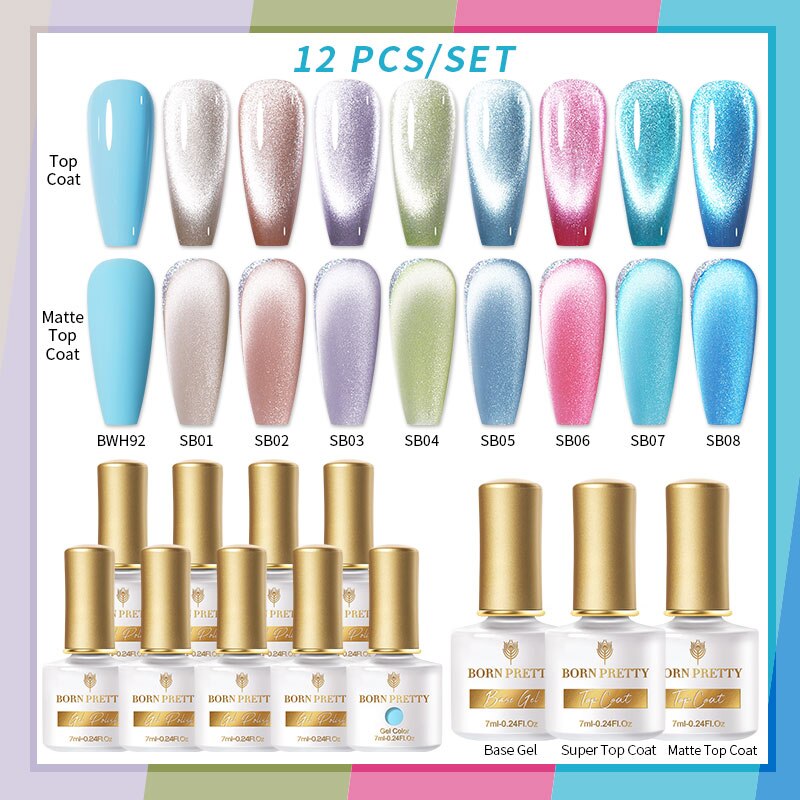 BORN PRETTY 10/12Pcs Gel Nail Polish Set 7ml Jelly Nude Gel &amp; Rainbow Cat Magnetic Gel Polish for Nail Art Design Base Top Coat