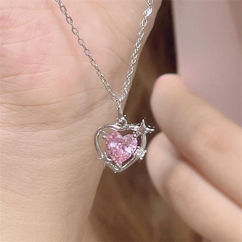Fashion Peach Heart Water Drop Pendant Necklace Jewelry Pink Crystal Girl Sweet Cool Clavicle Chain Aesthetic Y2k Accessories