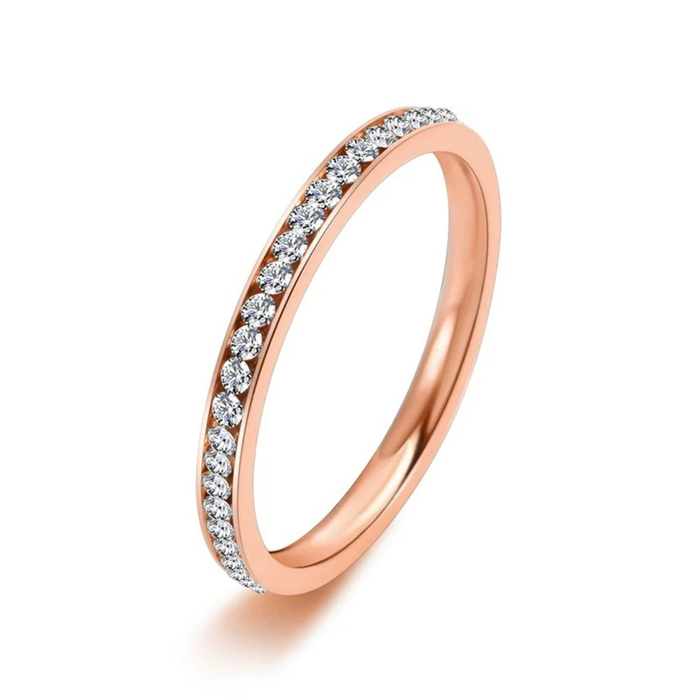 INS 2mm Iced Out Bling CZ Rings For Women Lady Gold Color Stainless Steel Shinny Cubic Zirconia Wedding Ring Elegant Jewelry