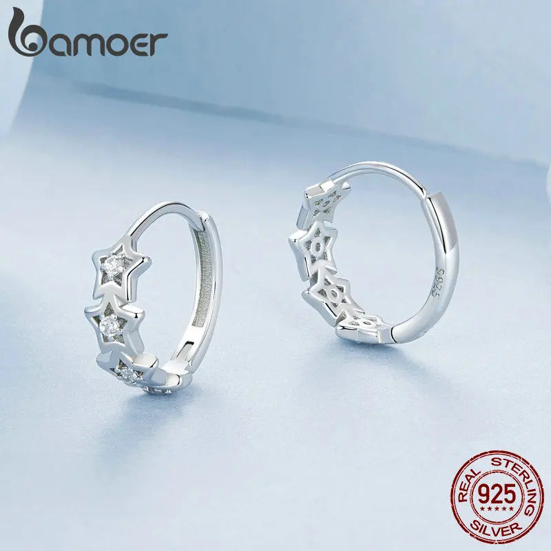 BAMOER 925 Sterling Silver Star-Shaped Earrings Stackable Star CZ Ear Buckles for Women & Girls Fine Jewelry DIY Gifts