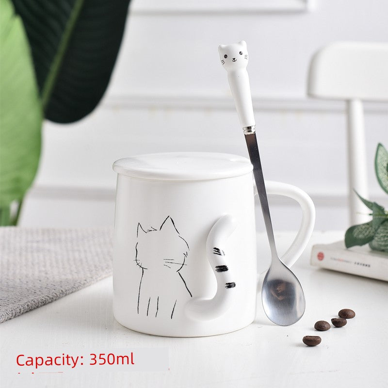 Cute Cat Mug Cartoon Porcelain Cup Couple Men and Women Water Cup Coffee Cup with Cover Spoon Breakfast Milk Cup