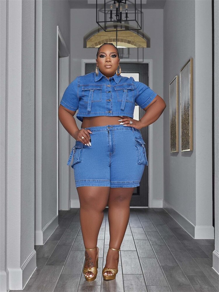 Wmstar Plus Size Denim Two Piece Set Women 2023 Shorts Sets Pockets Top and Pants Fashion New In Fashion Matching  Dropshipping