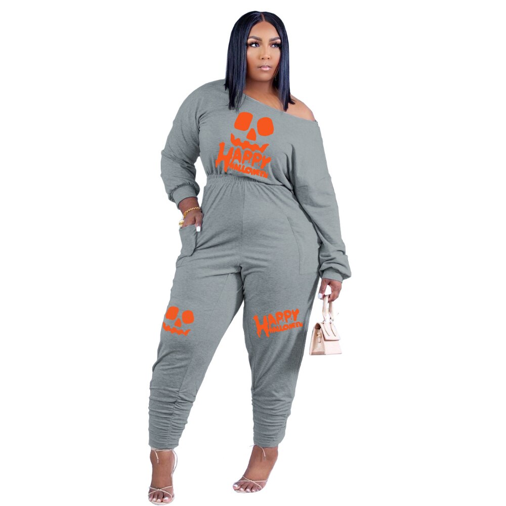HLJ&amp;GG Casual Women Letter Print Jumpsuits Fall Winter Off Shoulder with Pocket One Piece Playsuits Female Clothing Dropshipping