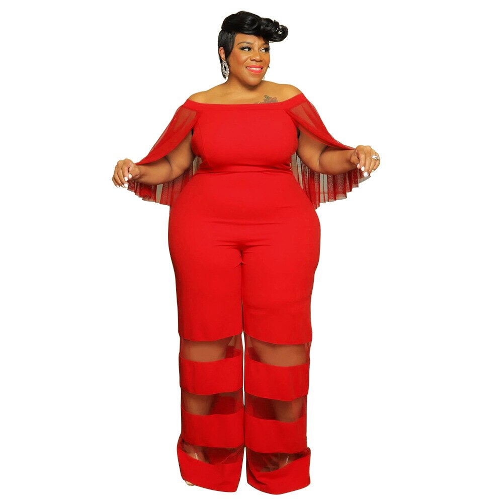 Plus Size Women Elegant Jumpsuit Mesh Patchwork One Piece Outfit Lady Designer Wide Leg Pant 2023 Spring Female Fashion Jumpsuit