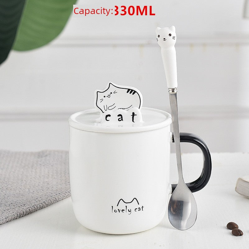 Cute Cat Mug Cartoon Porcelain Cup Couple Men and Women Water Cup Coffee Cup with Cover Spoon Breakfast Milk Cup