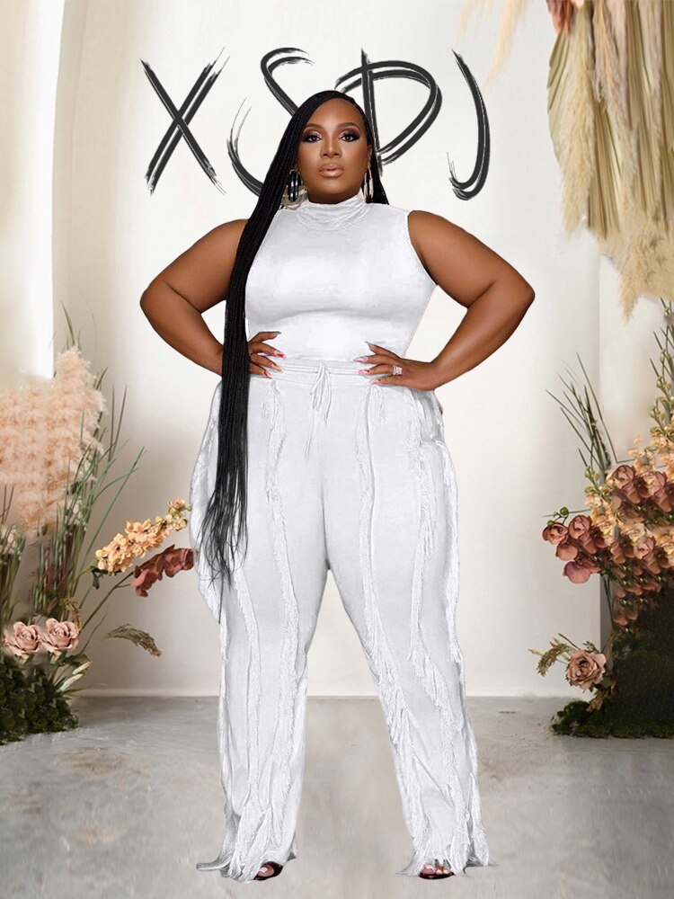 Large Size Matching Sets Ladies Sleeveless Top and Pants Tassel Womens Two Peice Sets Plus Size Summer Outfits Free Shipping