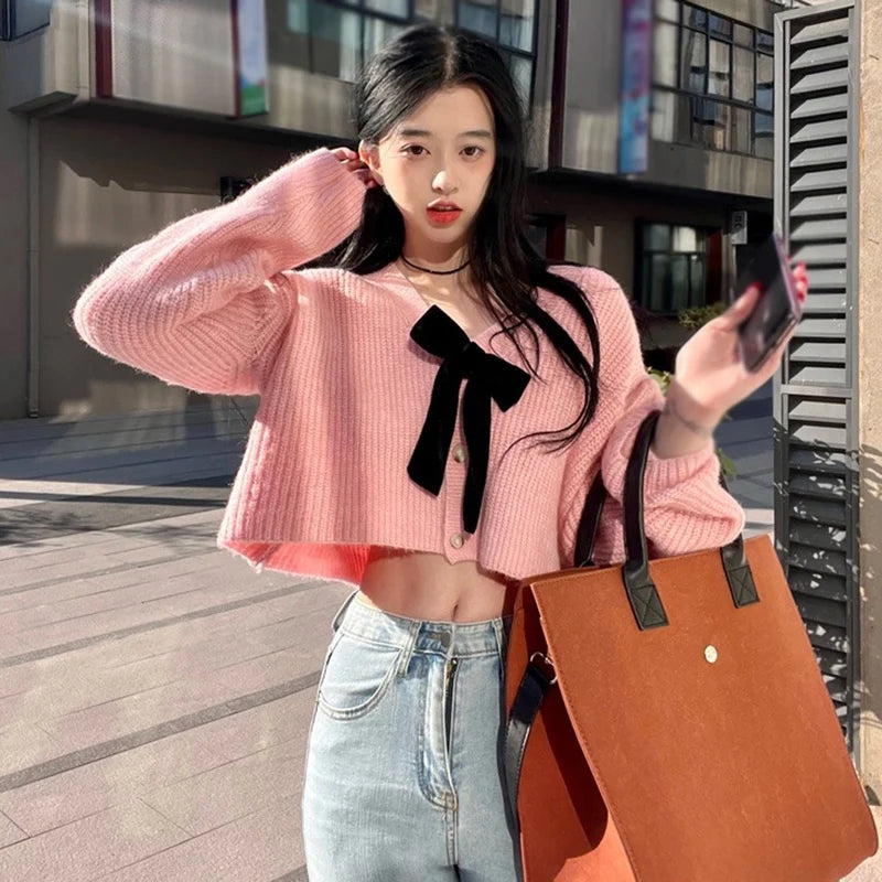Autumn Women's Kawaii Knit Cardigan Short Style Solid V-neck Long Sleeve Sweet Bow Decoration Sweater Fashion All-match Coat