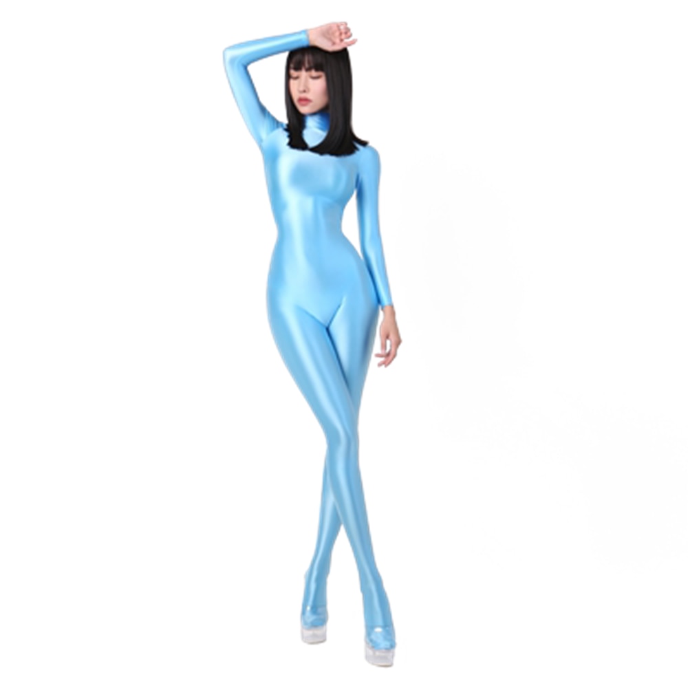 Women Oily Glossy Long Sleeve Elastic Bodysuit Bodycon Rompers One-piece Swimsuit Silky Tights Satin Pantyhose Jumpsuits Thong