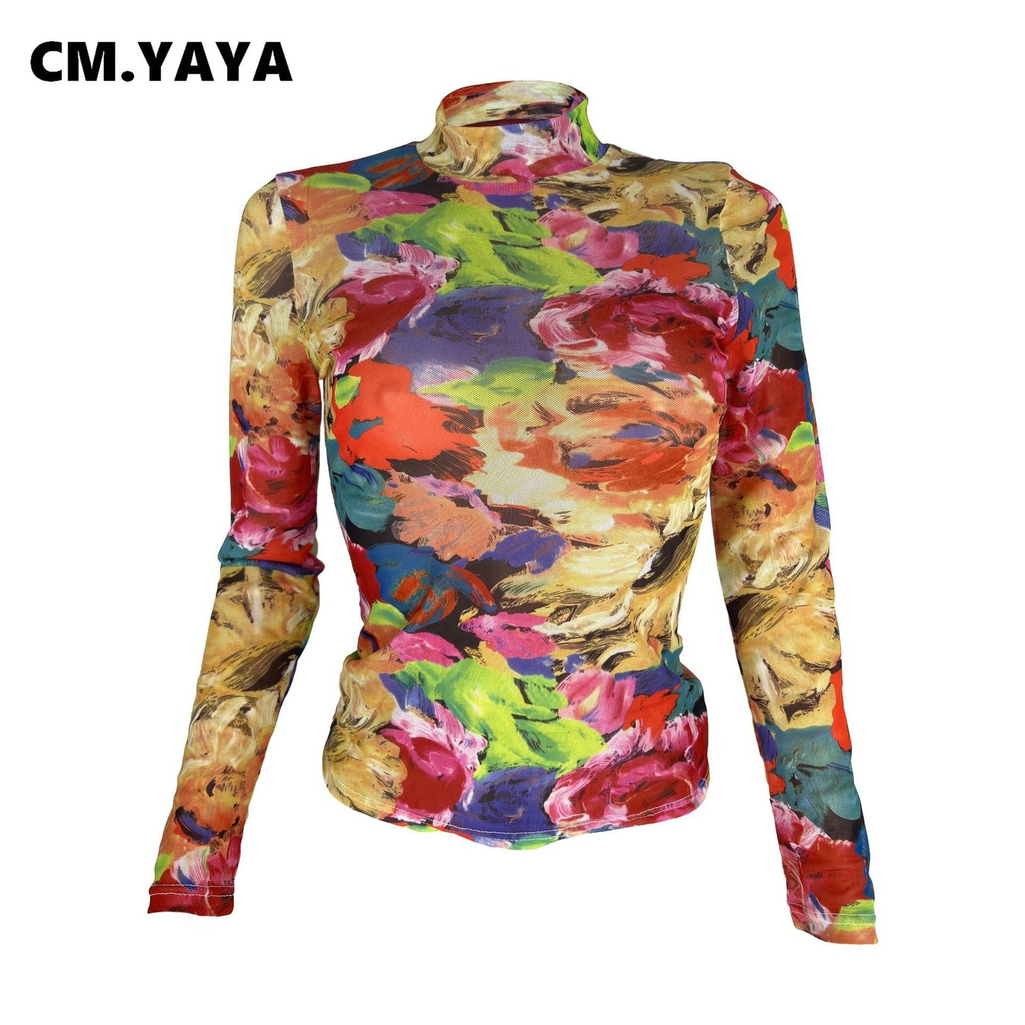 CM.YAYA Women Fashion Tie Dye Floral Printed Long Sleeve Mesh See Though Stretch T-shirt 2023 Street Classic Female Tee Tops