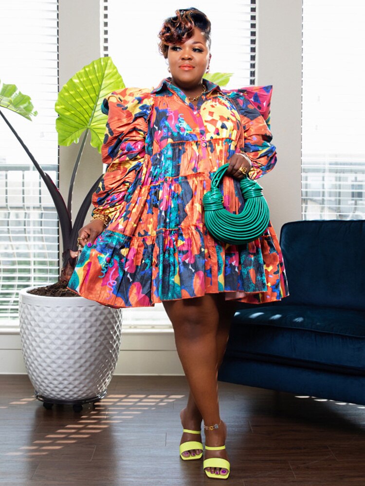 Wmstar Plus Size Dresses Women's Clothes Puff Long Sleeve Casual Printed Cute Ball Gown Shirts Midi Dress Wholesale Dropshipping