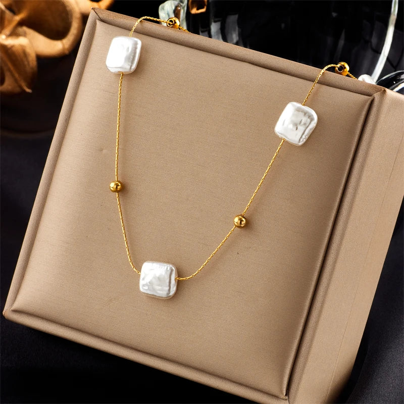 DIEYURO 316L Stainless Steel Square Large Pearl Pendant Necklace For Women New Fashion Girls Clavicle Chain Party Jewelry Gift