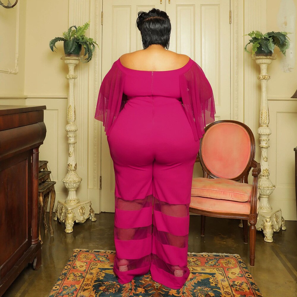 Plus Size Women Elegant Jumpsuit Mesh Patchwork One Piece Outfit Lady Designer Wide Leg Pant 2023 Spring Female Fashion Jumpsuit
