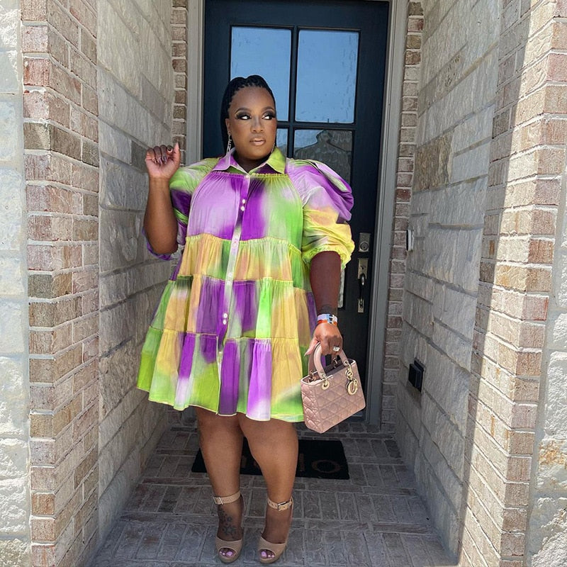 CM.YAYA Elegant Women Graffiti Cape Stye Big Swing Loose Smock Dress Plus Size Curve Chic Single Breasted Shirt Blouse Dresses