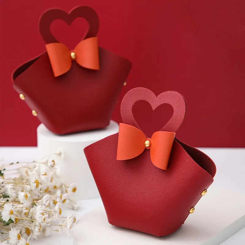 10/20PCS Leather Gift Bags Bow Ribbon Packaging Bag Wedding Favour Distributions Bags Christmas Candy Packaging Box Mini Handbag