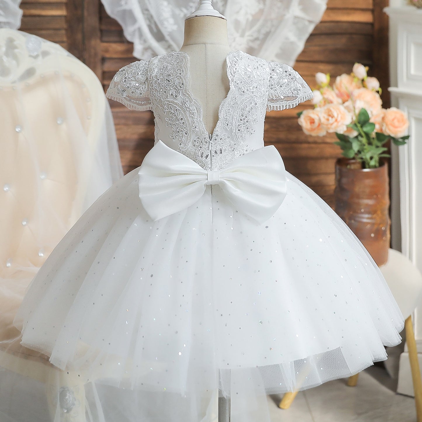 2023 Summer Sequin Big Bow Baby Girl Dress 1st Birthday Party Wedding Dress For Girl Palace Princess Evening Dresses Kid Clothes