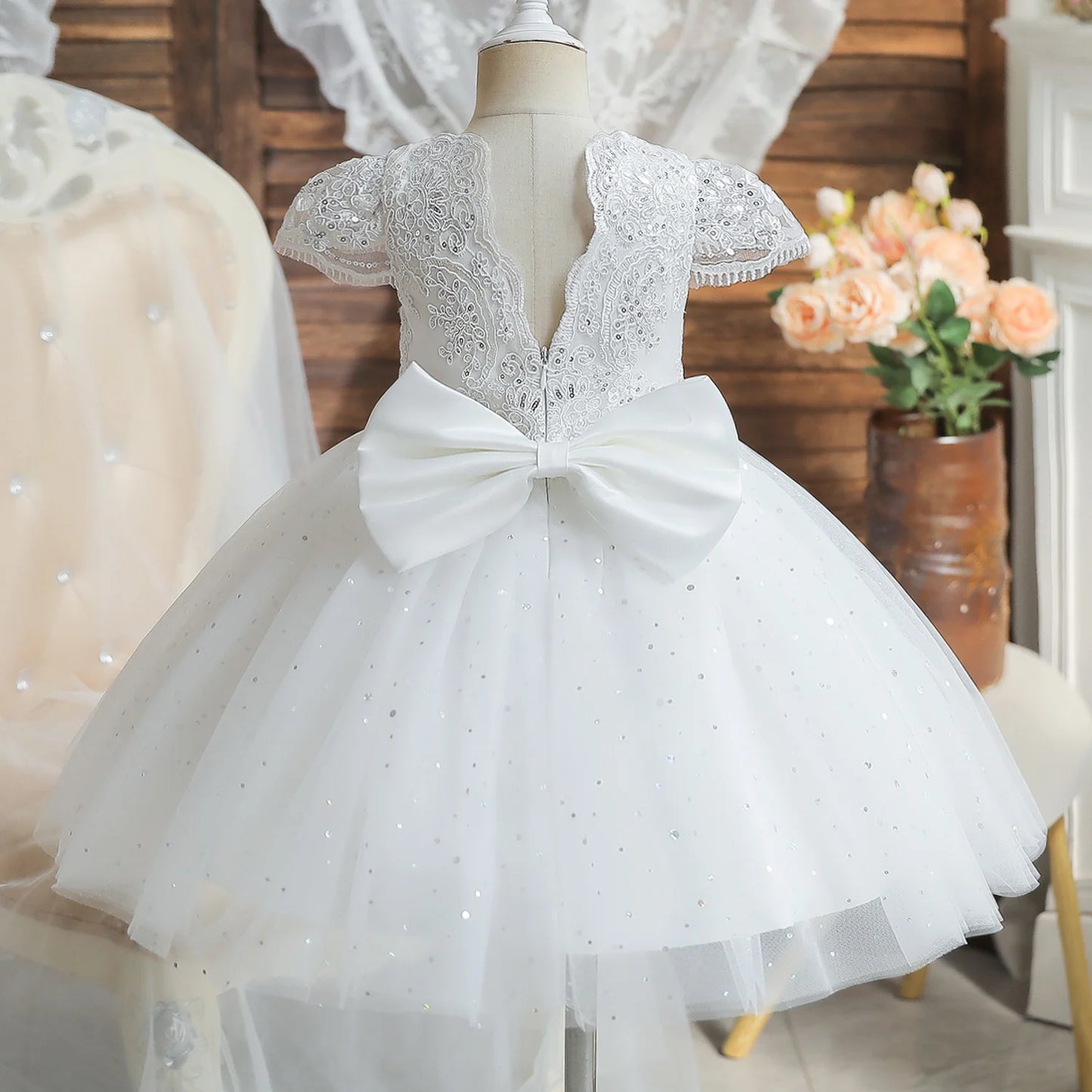 2023 Summer Sequin Big Bow Baby Girl Dress 1st Birthday Party Wedding Dress For Girl Palace Princess Evening Dresses Kid Clothes