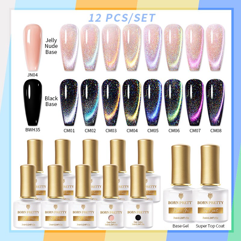 BORN PRETTY 10/12Pcs Gel Nail Polish Set 7ml Jelly Nude Gel &amp; Rainbow Cat Magnetic Gel Polish for Nail Art Design Base Top Coat