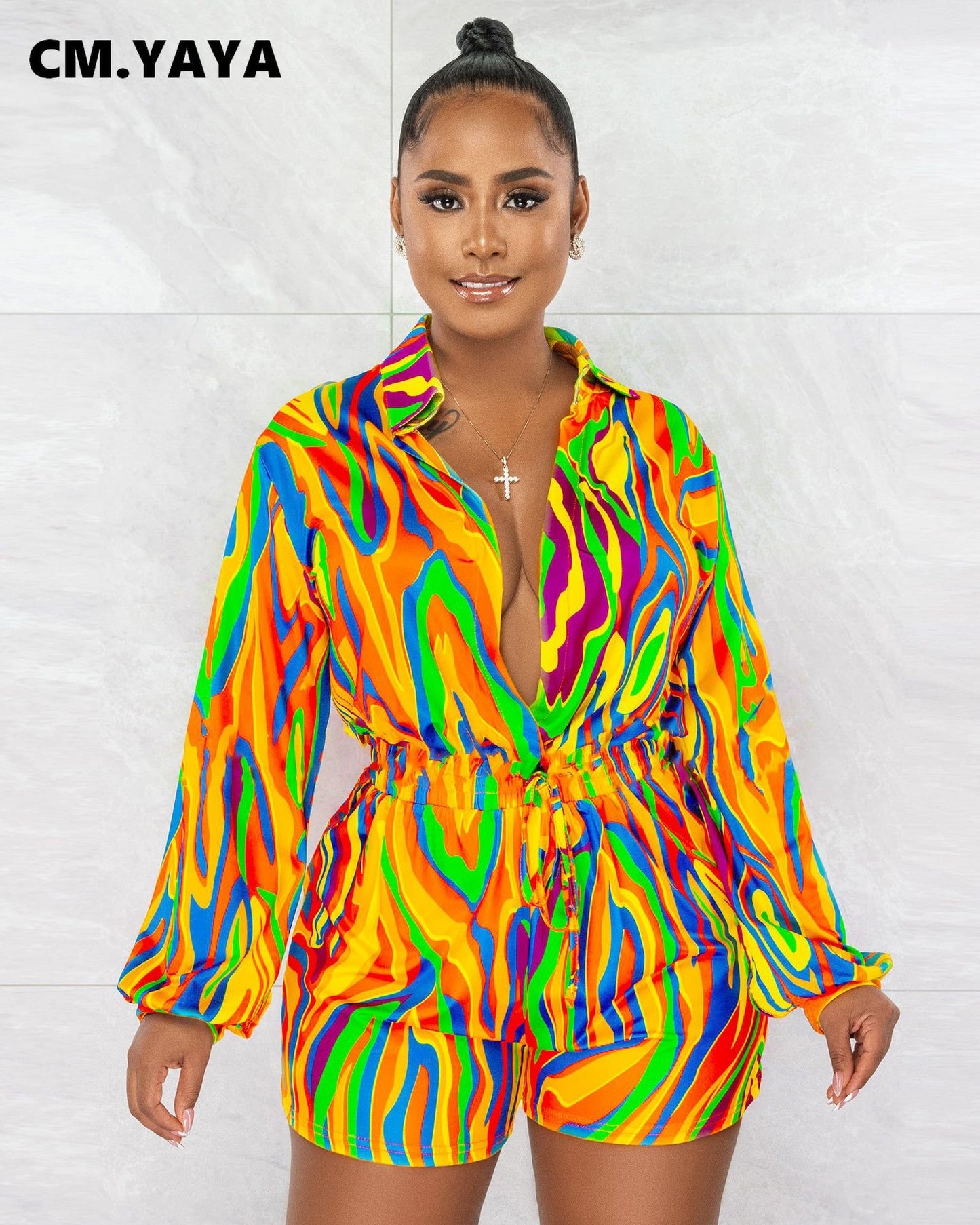 CM.YAYA Chic Women Tie Dye Black Hole Wrap Lapel Collar Long Sleeve Shirt Style Romper 2023 Spring INS One Piece Suit Playsuit