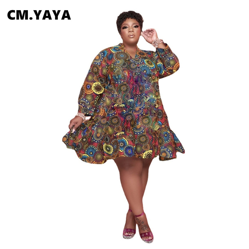 CM.YAYA Women Plus Size Dress Print Full Sleeve O-neck Knee Length Loose Maxi Dresses Sexy Fashion Vestidos Autumn Outfits 2021