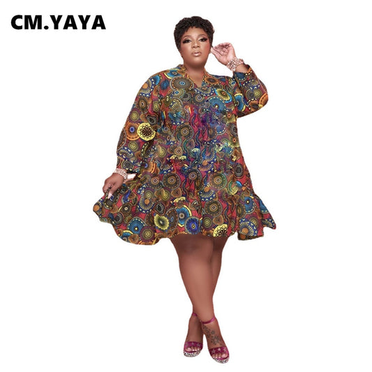 CM.YAYA Women Plus Size Dress Print Full Sleeve O-neck Knee Length Loose Maxi Dresses Sexy Fashion Vestidos Autumn Outfits 2021