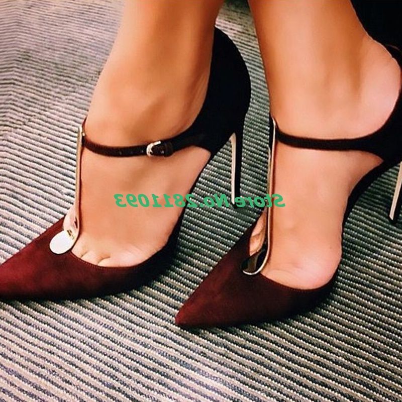 T Strap Suede Women Pumps Sexy Pointed Toe Thin High Heel Burgundy Runway Dress Women Shoes Ankle Strap Pumps