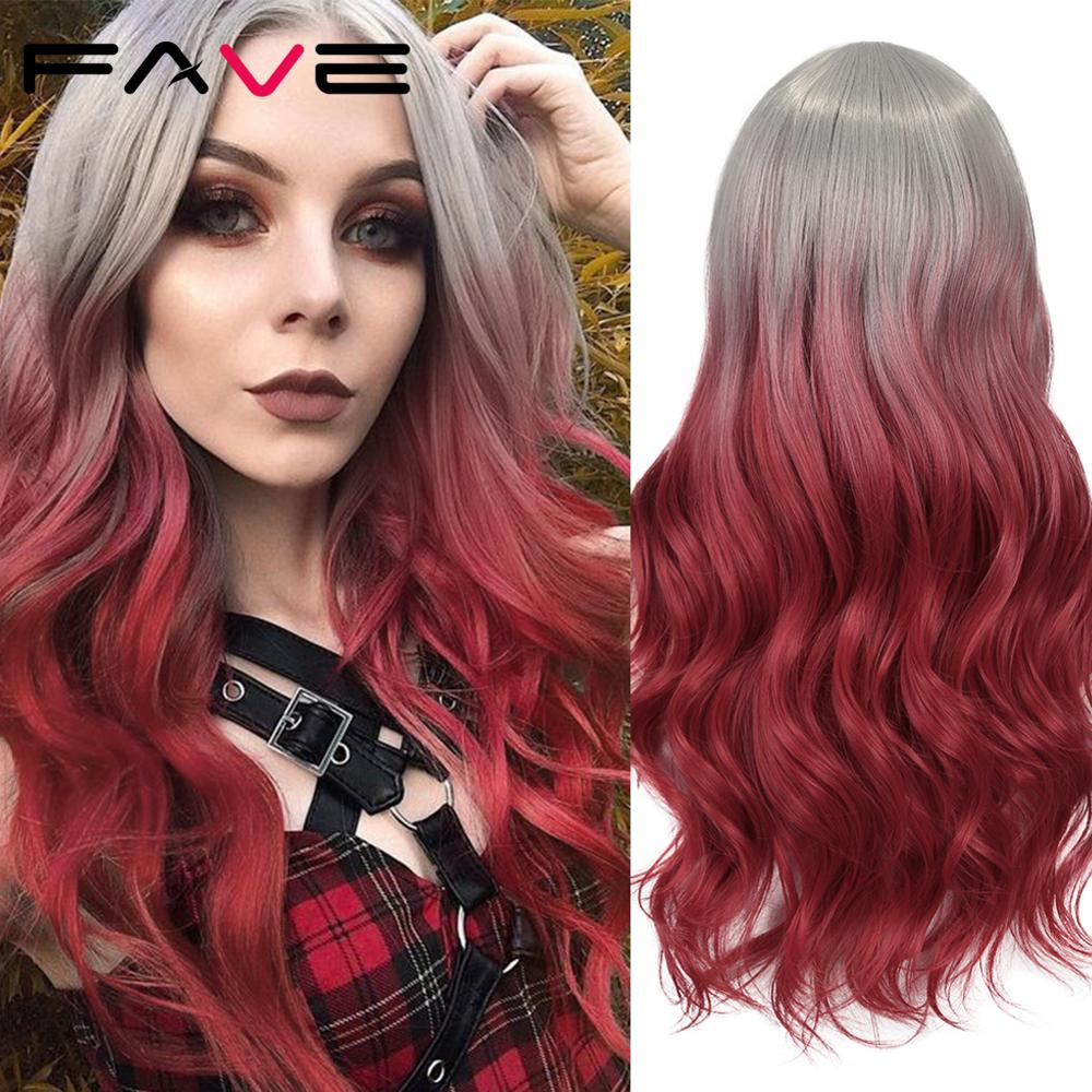 FAVE Long Wavy Wigs Ombre Gray To Watermelon Red Black Grey Purple Blue Brown Synthetic Hair For Black White Women Cosplay Party